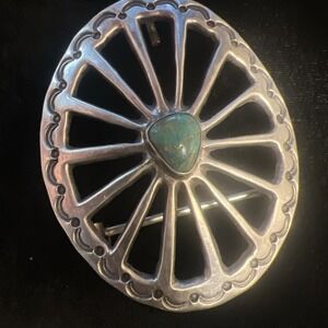 c1960's Vintage Navajo sterling silver hand stamped turquoise belt buckle Signed